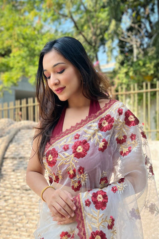 WHITE ORGANZA SILK SAREE